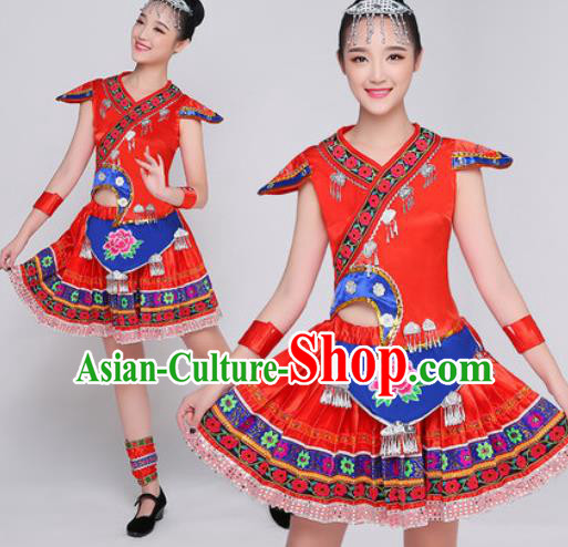 Traditional Chinese Miao Nationality Folk Dance Red Dress Hmong National Ethnic Costume for Women