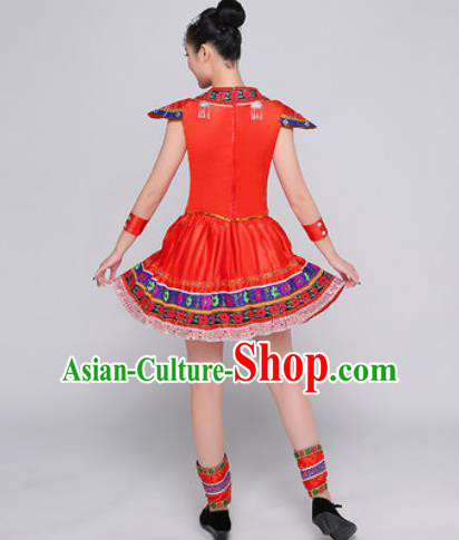 Traditional Chinese Miao Nationality Folk Dance Red Dress Hmong National Ethnic Costume for Women