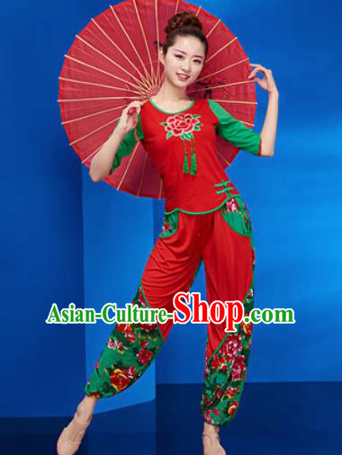 Traditional Chinese Folk Dance Stage Show Clothing Group Yangko Dance Red Costume for Women