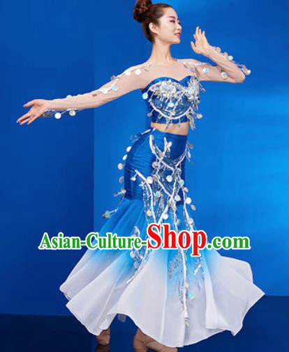 Traditional Chinese Dai Nationality Folk Dance Blue Dress National Ethnic Peacock Dance Costume for Women