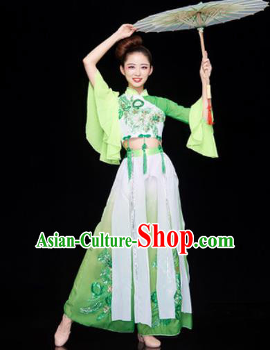 Traditional Chinese Folk Dance Stage Show Clothing Group Umbrella Dance Green Costume for Women