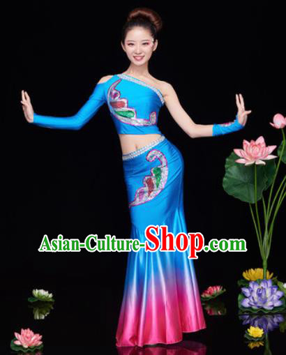 Traditional Chinese Dai Nationality Folk Dance Deep Blue Dress National Ethnic Peacock Dance Costume for Women