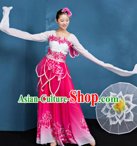 Chinese Traditional Umbrella Dance Rosy Dress Classical Lotus Dance Stage Performance Costume for Women