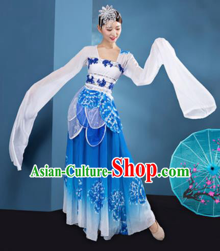 Chinese Traditional Umbrella Dance Blue Dress Classical Lotus Dance Stage Performance Costume for Women