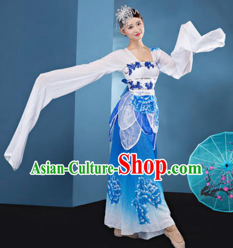 Chinese Traditional Umbrella Dance Blue Dress Classical Lotus Dance Stage Performance Costume for Women