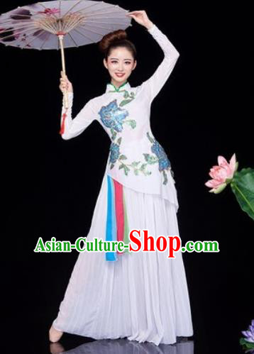 Chinese Traditional Umbrella Dance White Dress Classical Jasmine Flower Dance Stage Performance Costume for Women