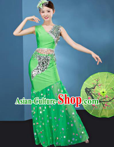 Traditional Chinese Dai Nationality Folk Dance Green Veil Dress National Ethnic Peacock Dance Costume for Women