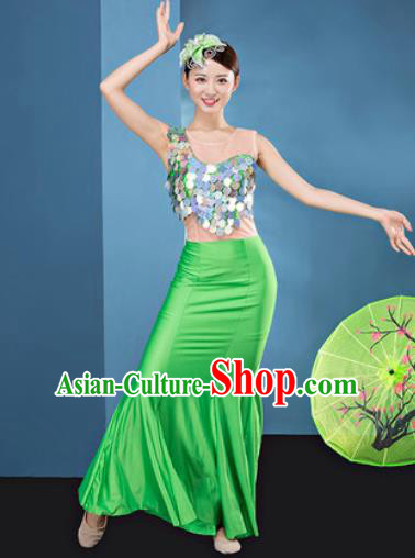 Traditional Chinese Dai Nationality Folk Dance Green Silk Dress National Ethnic Peacock Dance Costume for Women