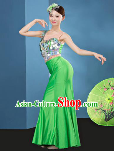 Traditional Chinese Dai Nationality Folk Dance Green Silk Dress National Ethnic Peacock Dance Costume for Women