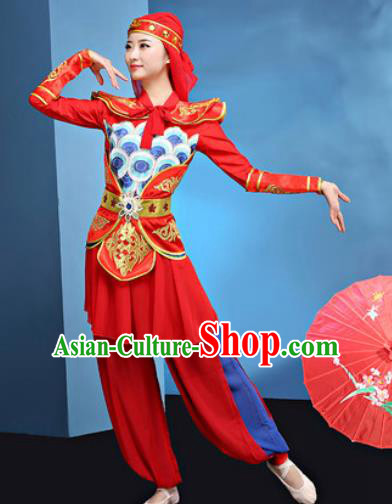 Traditional Chinese Folk Dance Stage Show Clothing Group Drum Dance Red Costume for Women