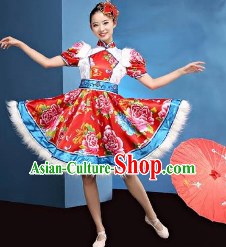 Traditional Chinese Folk Dance Yangko Stage Show Clothing Group Fan Dance Red Costume for Women