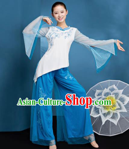 Traditional Chinese Folk Dance Stage Show Clothing Group Fan Dance Blue Costume for Women