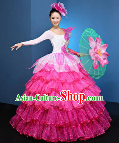 Chinese Traditional Opening Dance Rosy Veil Bubble Dress Modern Dance Chorus Stage Performance Costume for Women