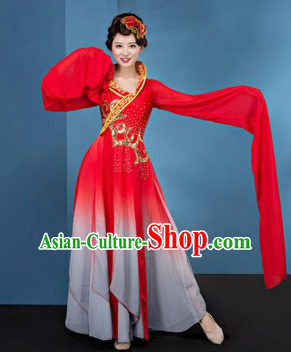 Chinese Traditional Umbrella Dance Red Water Sleeve Dress Classical Lotus Dance Stage Performance Costume for Women