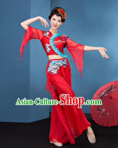 Traditional Chinese Folk Dance Yangko Stage Show Clothing Group Fan Dance Red Veil Costume for Women