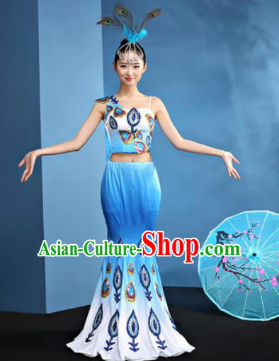 Traditional Chinese Dai Nationality Blue Dress National Ethnic Folk Dance Peacock Dance Costume for Women