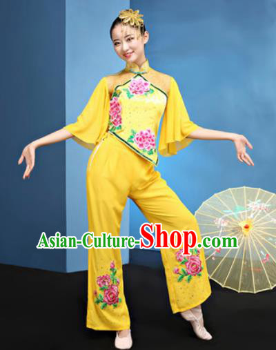 Traditional Chinese Folk Dance Yangko Stage Show Clothing Group Fan Dance Yellow Costume for Women