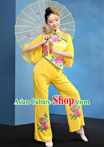 Traditional Chinese Folk Dance Yangko Stage Show Clothing Group Fan Dance Yellow Costume for Women