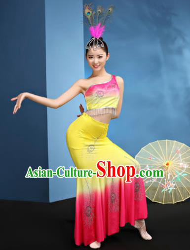 Traditional Chinese Dai Nationality Yellow Dress National Ethnic Folk Dance Peacock Dance Costume for Women