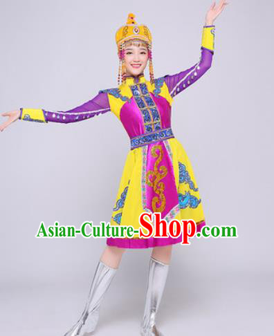 Traditional Chinese Mongol Nationality Folk Dance Purple Dress Mongolian National Ethnic Costume for Women