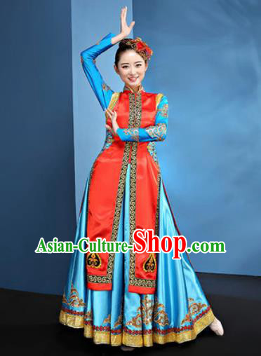 Traditional Chinese Mongol Nationality Blue Dress National Ethnic Folk Dance Mongolian Costume for Women