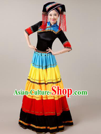 Traditional Chinese Yi Nationality Dress National Ethnic Folk Dance Costume for Women