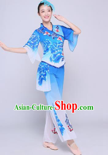 Chinese Traditional Folk Dance Fan Dance Printing Peony Blue Clothing Group Yangko Dance Costume for Women