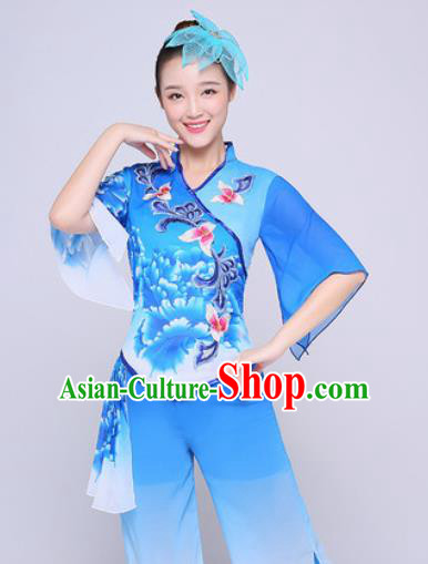 Chinese Traditional Folk Dance Fan Dance Printing Peony Blue Clothing Group Yangko Dance Costume for Women