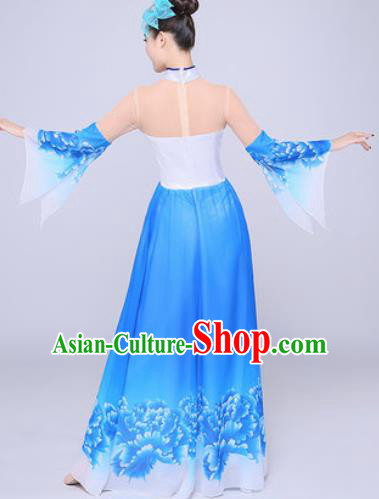 Chinese Traditional Classical Dance Peony Dance Blue Dress Umbrella Dance Stage Performance Costume for Women