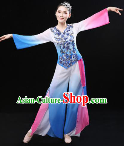 Chinese Traditional Fan Dance Blue Clothing Folk Dance Group Yangko Dance Stage Performance Costume for Women