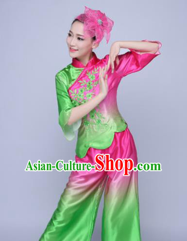 Traditional Chinese Folk Dance Green Silk Clothing Yangko Dance Costume for Women