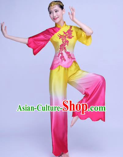 Traditional Chinese Folk Dance Rosy Silk Clothing Yangko Dance Costume for Women