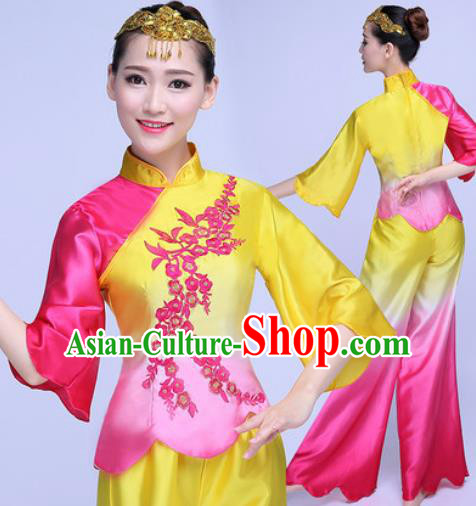 Traditional Chinese Folk Dance Rosy Silk Clothing Yangko Dance Costume for Women