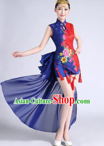 Traditional Chinese Folk Dance Drum Dance Blue Clothing Yangko Dance Costume for Women