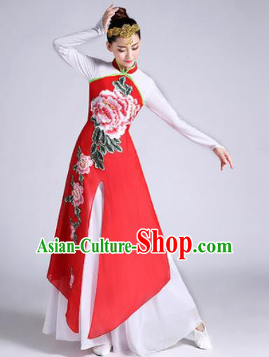 Chinese Traditional Classical Dance Printing Peony Red Dress Umbrella Dance Stage Performance Costume for Women