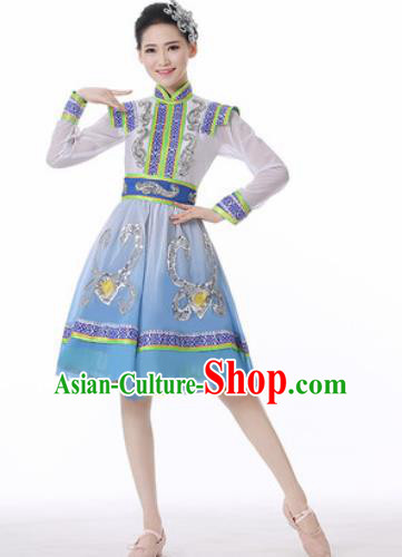 Traditional Chinese Mongol Nationality Folk Dance Blue Short Dress Mongolian National Ethnic Costume for Women