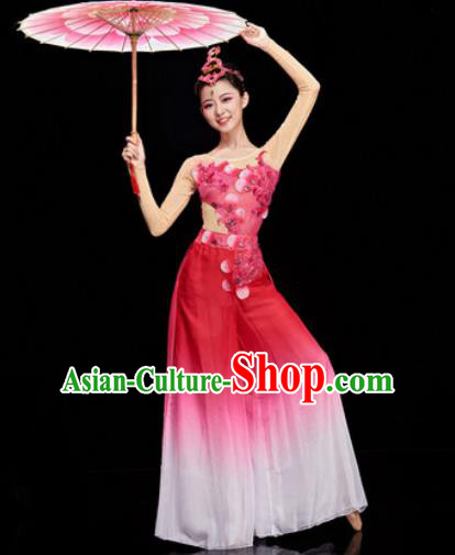 Chinese Traditional Umbrella Dance Rosy Dress Classical Dance Stage Performance Costume for Women