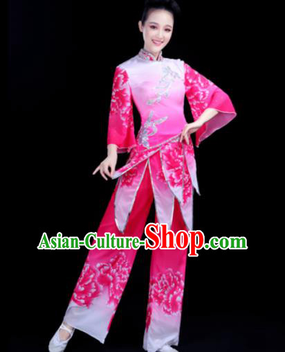 Traditional Chinese Spring Festival Folk Dance Rosy Clothing Yangko Dance Fan Dance Costume for Women