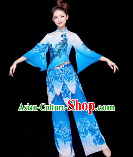 Traditional Chinese Spring Festival Folk Dance Blue Clothing Yangko Dance Fan Dance Costume for Women