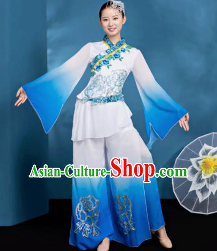 Traditional Chinese Folk Dance Umbrella Dance Blue Clothing Yangko Dance Costume for Women