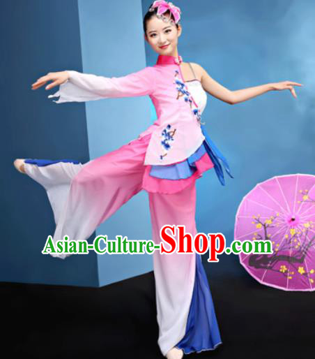 Traditional Chinese Folk Dance Umbrella Dance Pink Clothing Yangko Dance Costume for Women