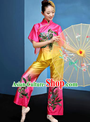 Traditional Chinese Folk Dance Fan Dance Clothing Yangko Dance Rosy Costume for Women