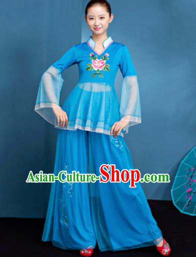 Traditional Chinese Folk Dance Fan Dance Blue Veil Clothing Yangko Dance Costume for Women