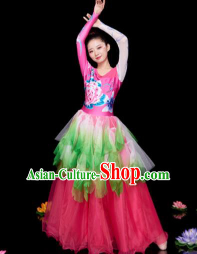 Chinese Traditional Opening Dance Chorus Rosy Veil Dress Modern Dance Stage Performance Costume for Women