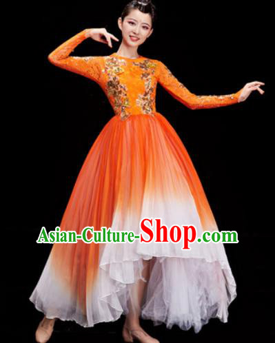 Chinese Traditional Opening Dance Chorus Orange Veil Dress Modern Dance Stage Performance Costume for Women