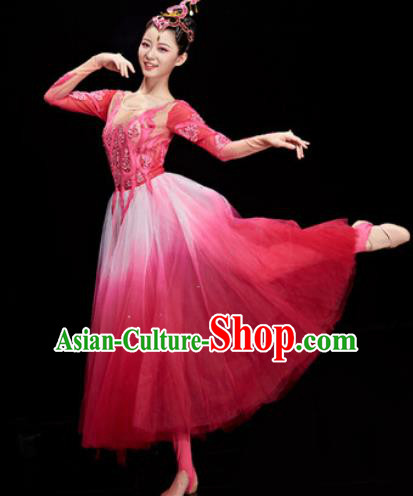 Chinese Traditional Opening Dance Chorus Rosy Veil Dress Modern Dance Stage Performance Costume for Women