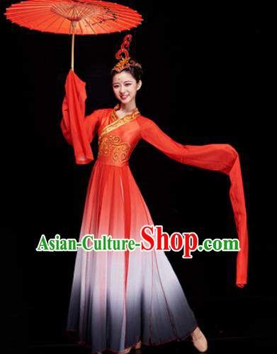 Chinese Traditional Umbrella Dance Water Sleeve Red Dress Classical Dance Stage Performance Costume for Women