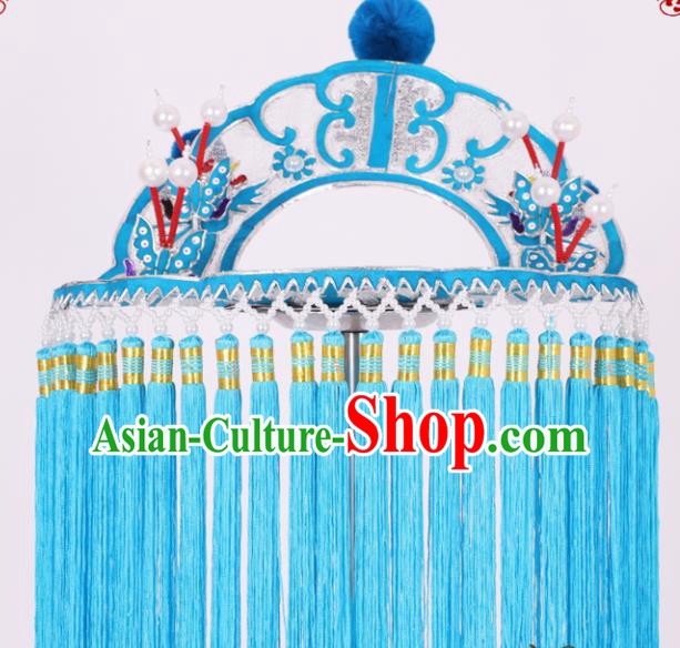 Chinese Traditional Peking Opera Fisher Maiden Blue Tassel Hat Classical Beijing Opera Headwear for Women