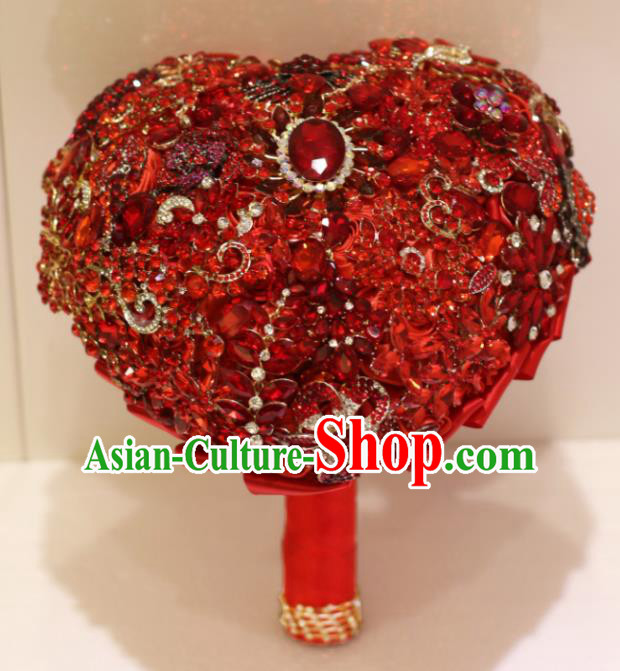 Top Grade Wedding Bridal Bouquet Hand Red Crystal Tied Bouquet Flowers for Women