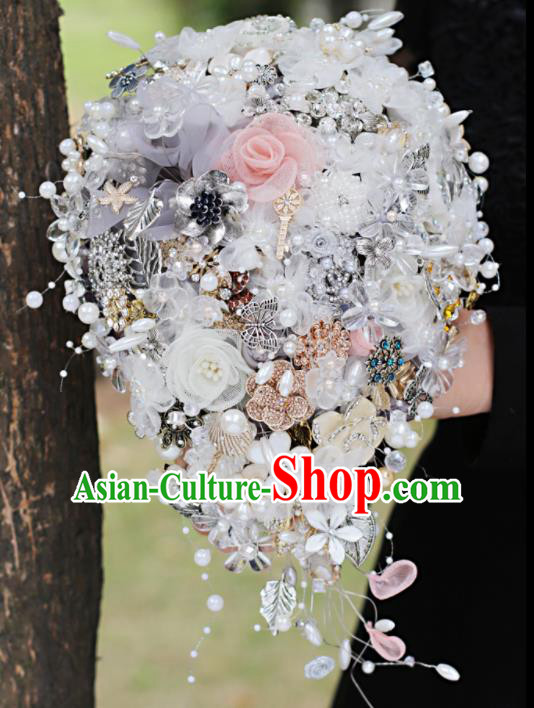 Top Grade Wedding Bridal Bouquet Hand Emulational Crystal Pearls Tied Bouquet Flowers for Women